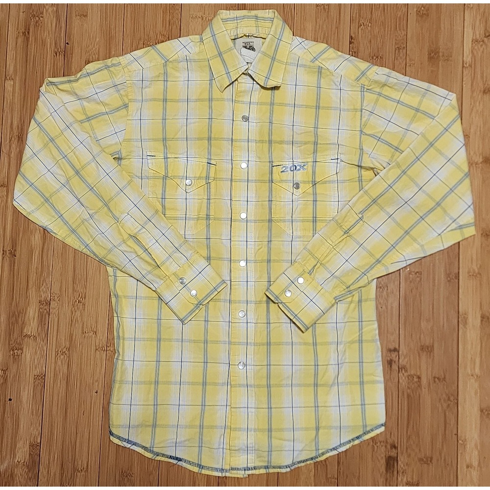 Wrangler 20X Shirt Mens Medium Yellow Blue Plaid Western Button Up Long Sleeve